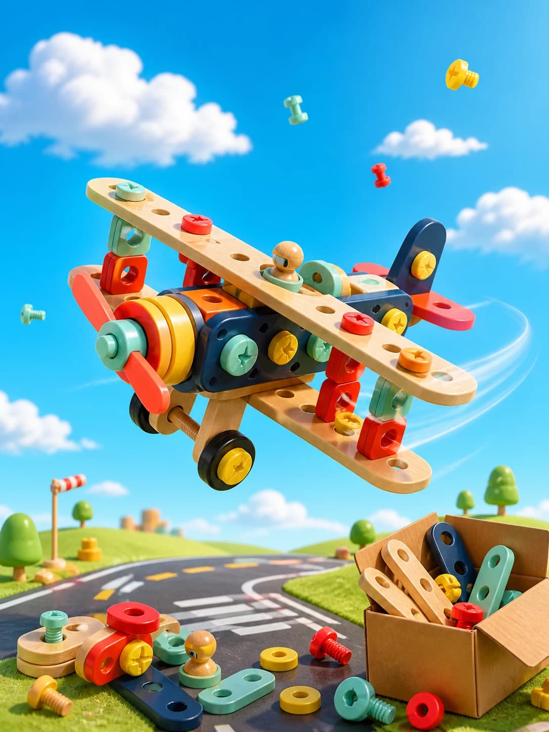 Colourful wooden build-toy airplane flying over a playful runway