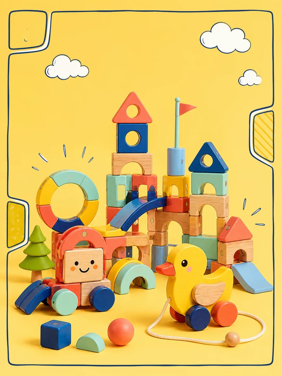 Colourful wooden magnetic toys and a yellow pull duck on a bright yellow poster