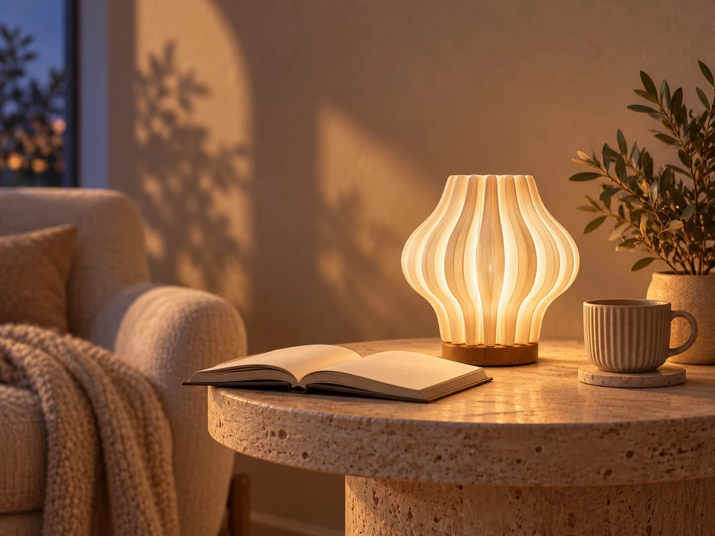 A ribbed table lamp lit on a travertine side table beside an armchair at dusk