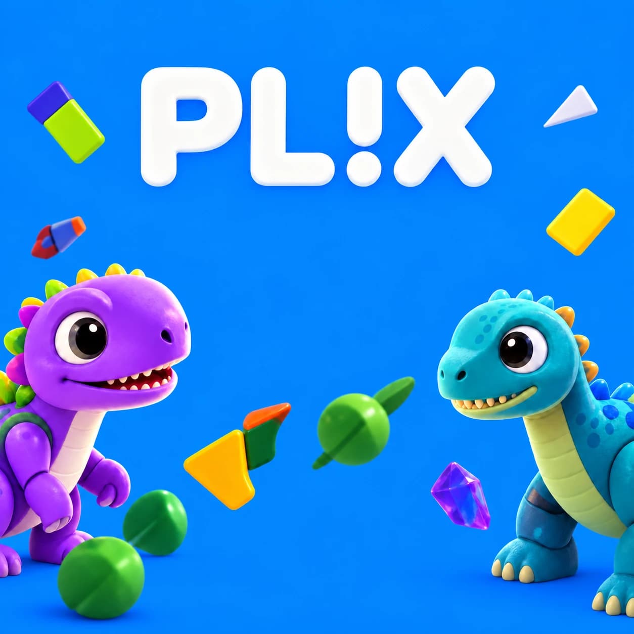 PL!X: two 3D-printed dinosaur figures, one purple and one teal, among floating coloured blocks on a bright blue ground