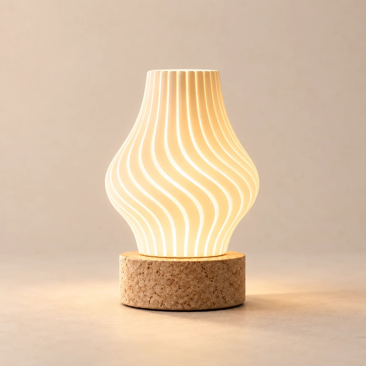 The Glow Wisp table lamp lit on its cork base, its ridged shade drawn in at the waist