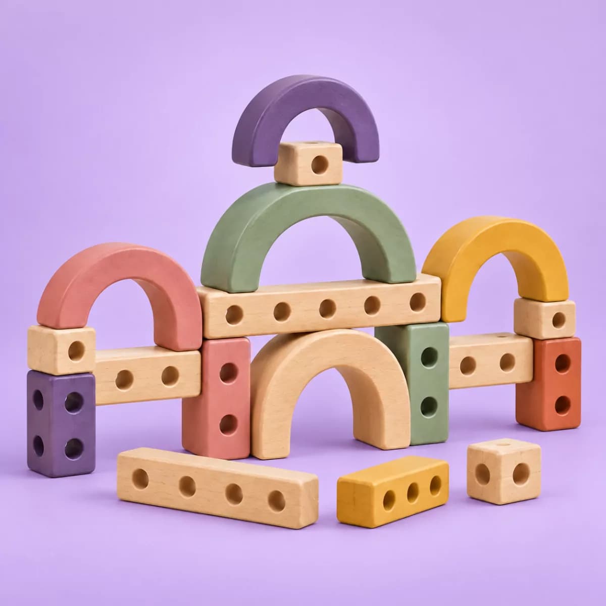 Plix Grove Arch Builder wooden construction set on a lavender background