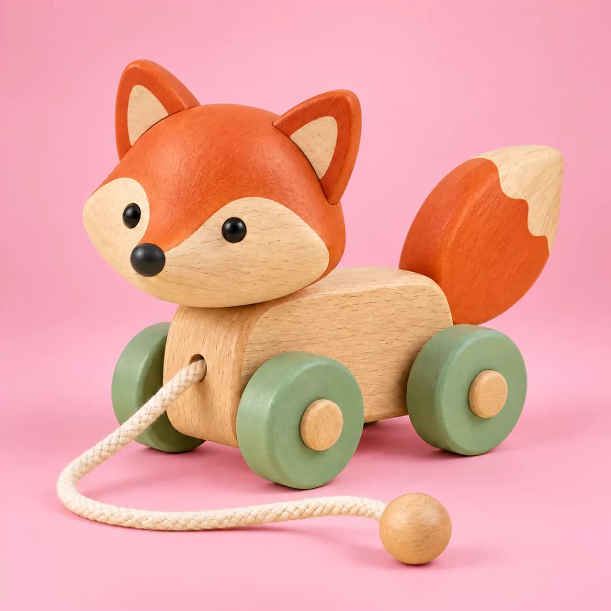 Widgy Trail Fox wooden pull toy on a pink background