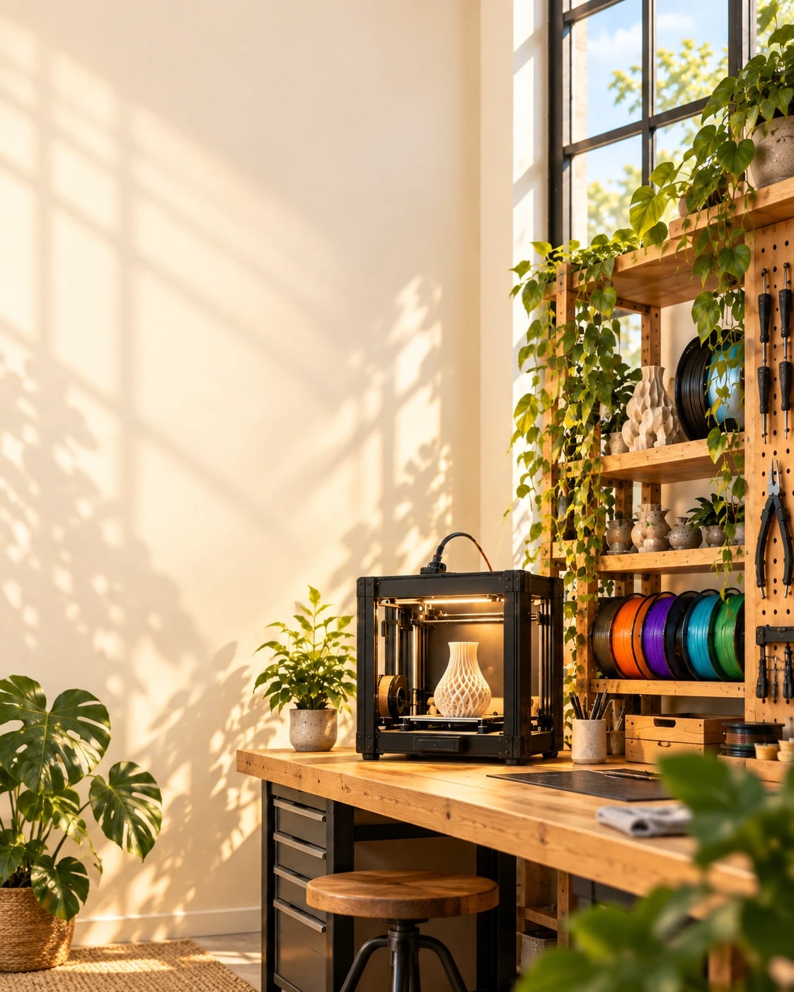 Arvo Studio's workbench by daylight: a purple and a green 3D-printed dinosaur figure beside a white stegosaurus figure on a turntable, with a 3D printer, shelves of filament and tools, and potted plants against a sunlit wall