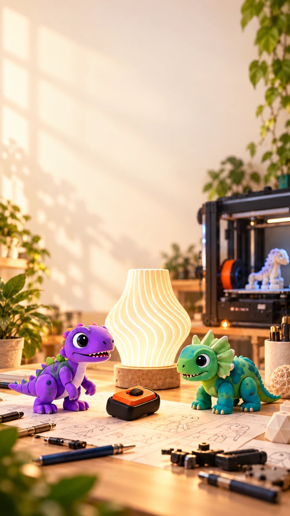 Arvo Studio's workbench after hours: two 3D-printed dinosaur figures and a ridged table lamp on a desk of sketches and tools, with a printer running behind them
